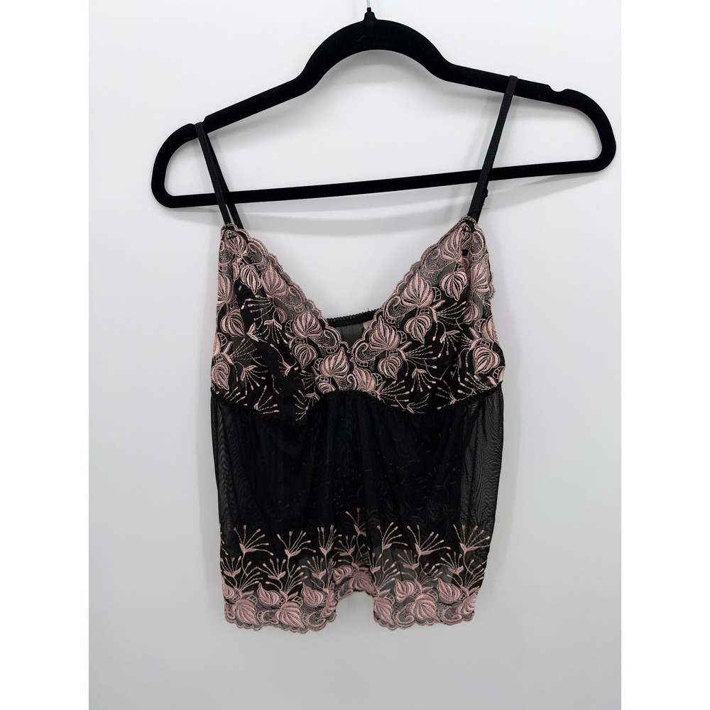 Cacique Black Pink Floral Embroidered Mesh Lingerie Set 18/20 Camisole Panty